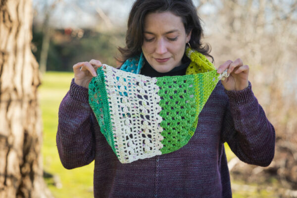 Lacy and colourful cowl in a variety of crochet stitches