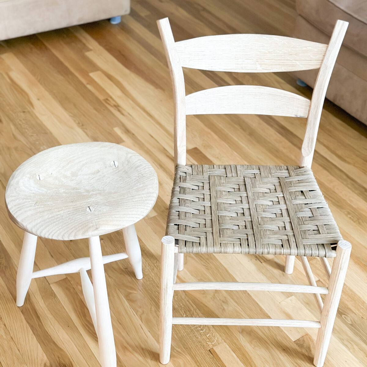 Handmade wooden chair and stool
