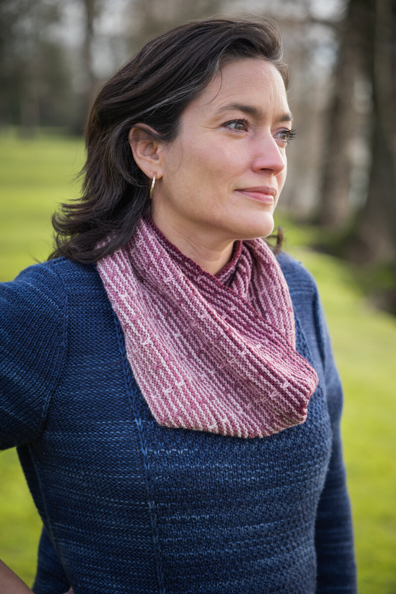 Meraki knit cowl in mini-skein hand dyed yarn