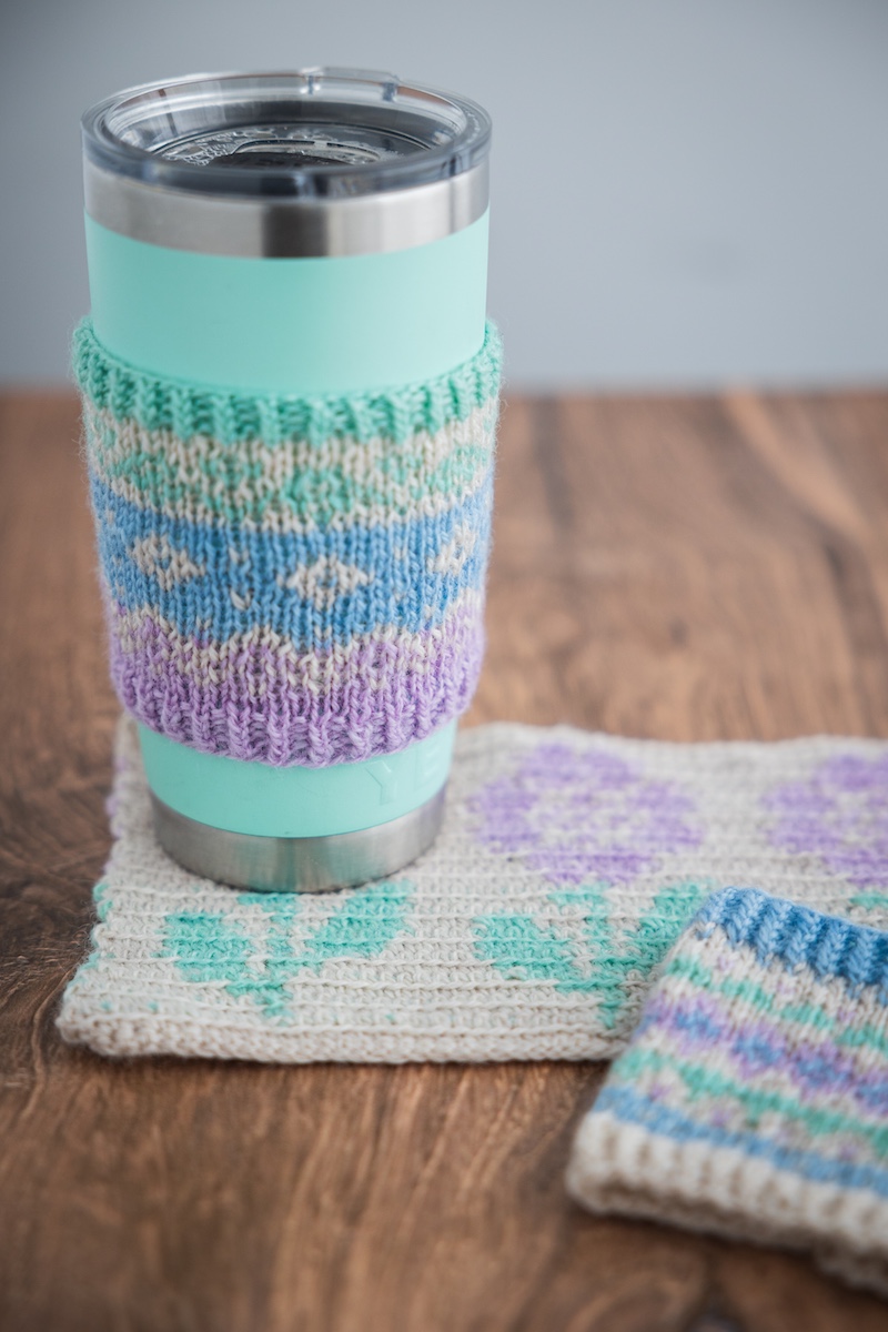 Knit mug cozy and crochet colourwork using Secret Stash Club yarn mini-skeins