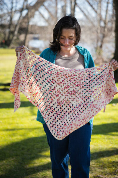 Crochet shawl in fingering weight hand dyed yarn
