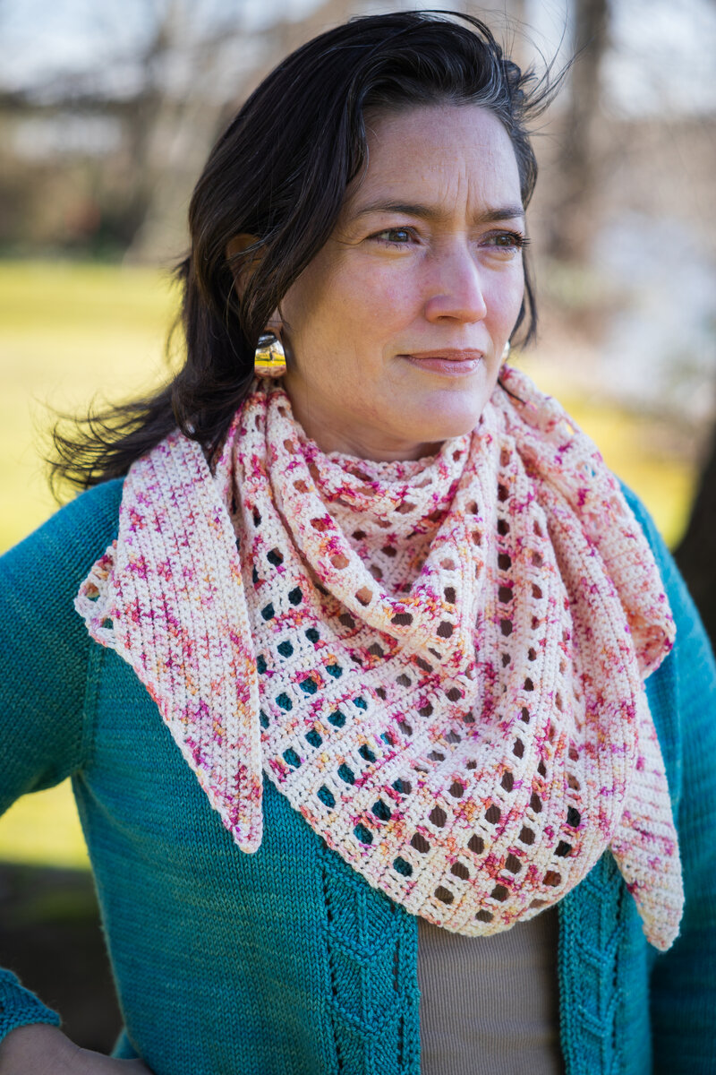 Crochet shawl in fingering weight hand dyed yarn