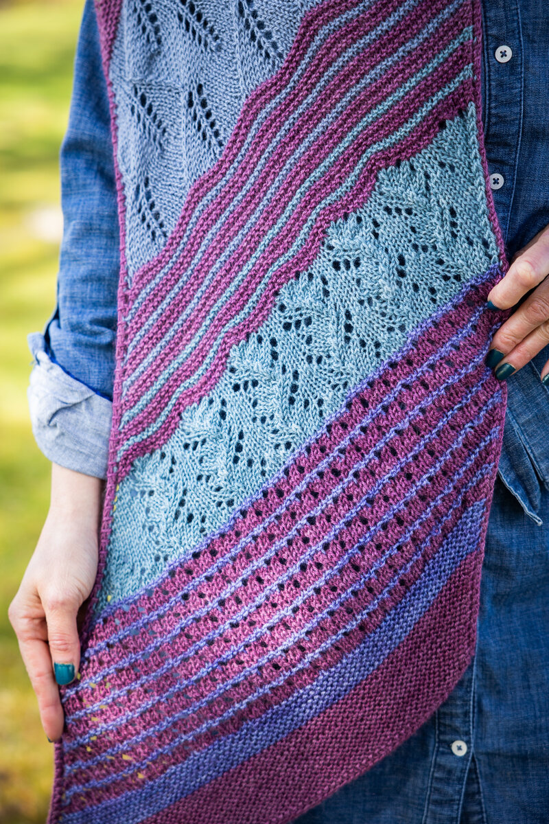Design by Charlotte Lee Knit in Trifecta Fine Black Raspberry (MC) and Lavender, Mermaid, Blue Canoe, Clearwater, and Sage (CC) Summer Spectra KAL 2026 Pattern