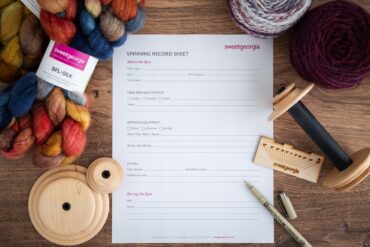 handspun, spinning fibre, whorls, and a spinning record sheet
