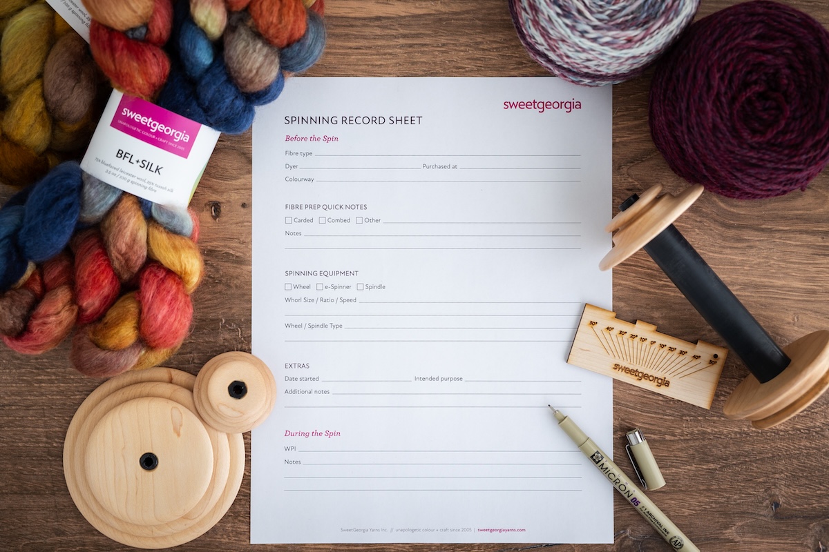 handspun, spinning fibre, whorls, and a spinning record sheet