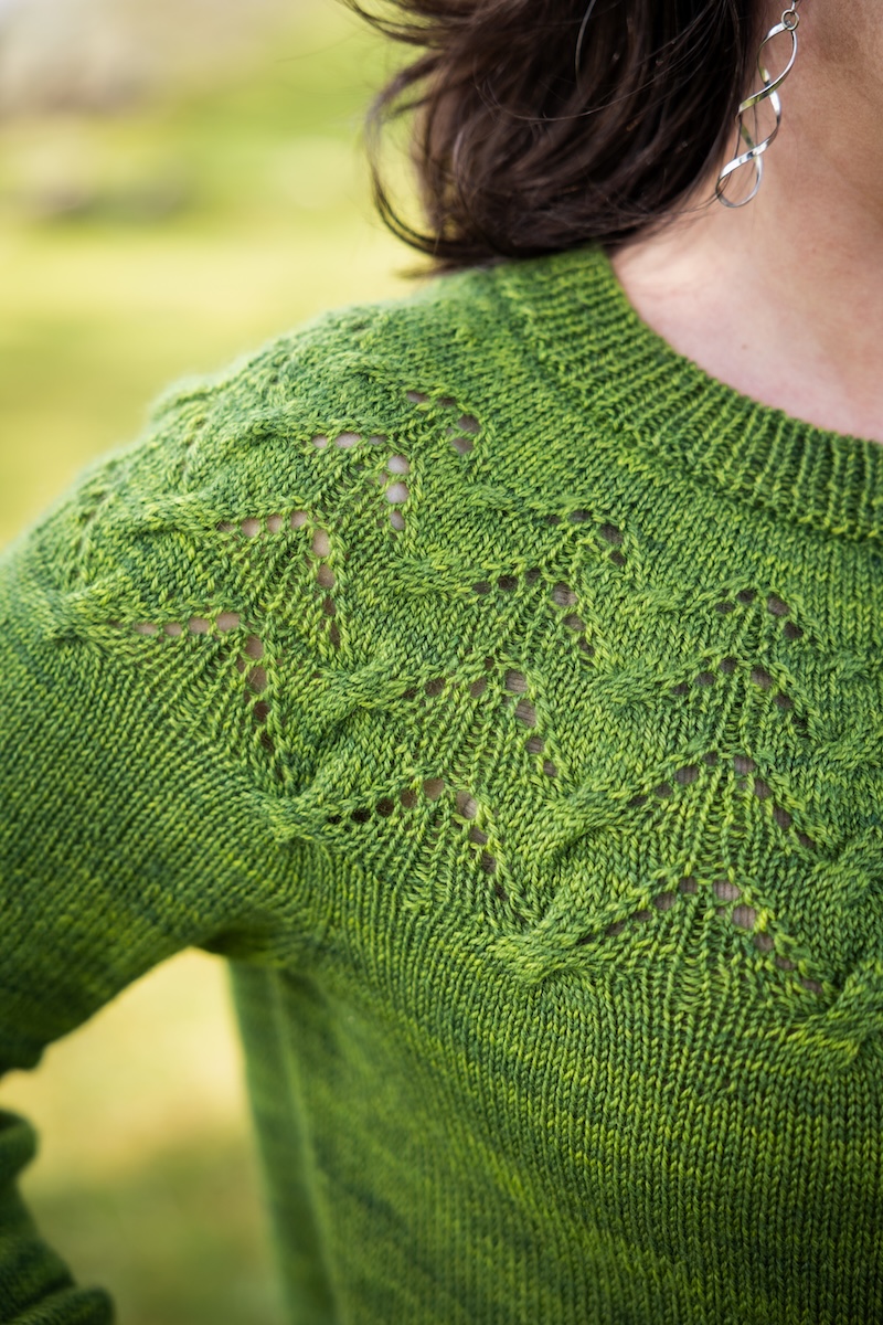 Hand knit lace yoke sweater in hand dyed yarn