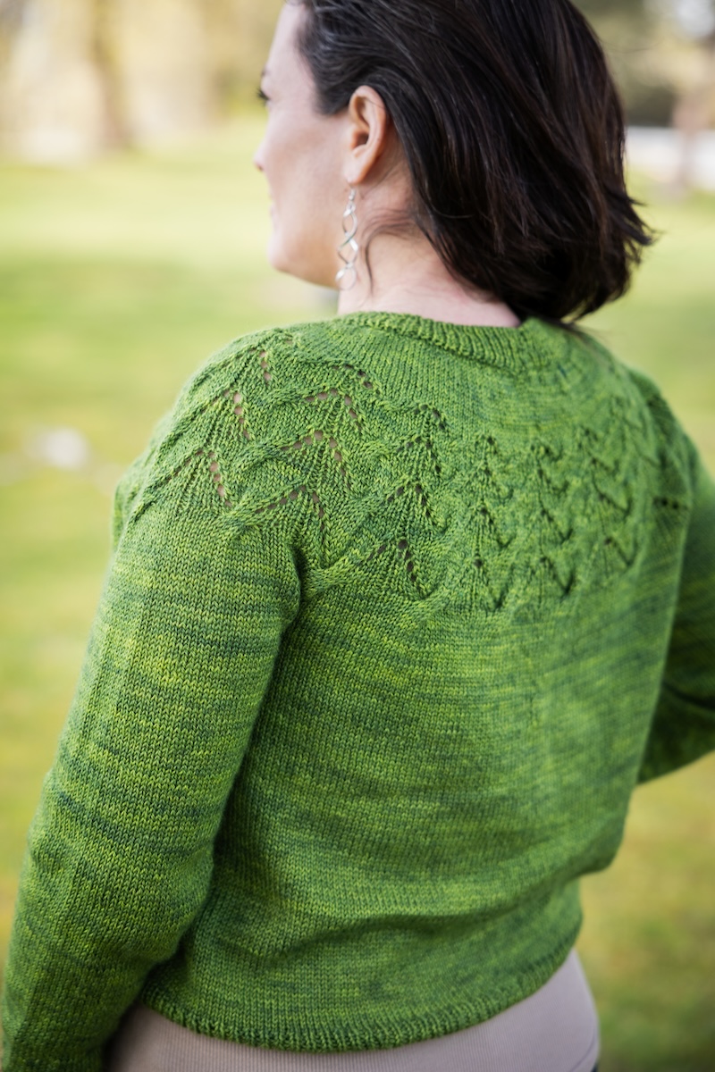 Hand knit lace yoke sweater in hand dyed yarn