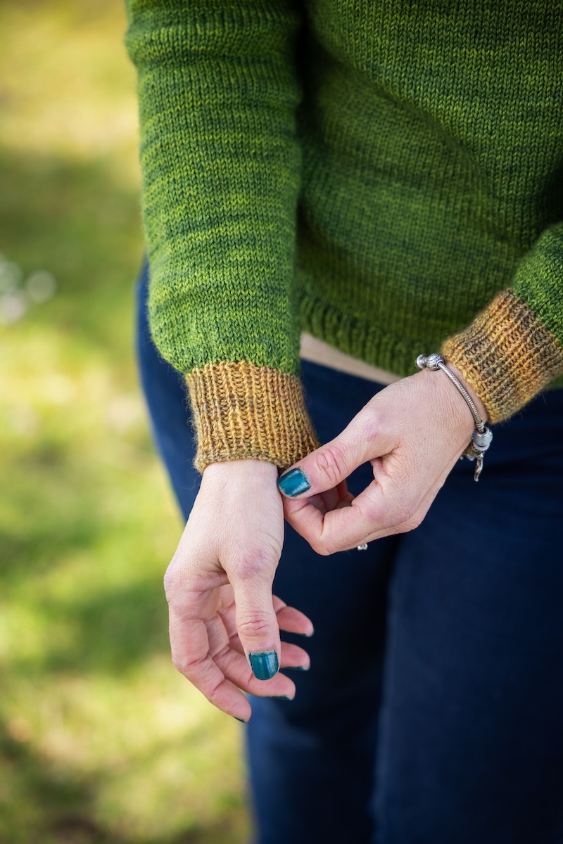 Hand knit lace yoke sweater in hand dyed yarn