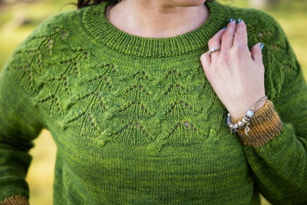 Hand knit lace yoke sweater in hand dyed yarn
