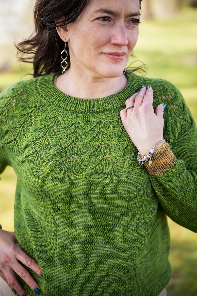 Hand knit lace yoke sweater in hand dyed yarn