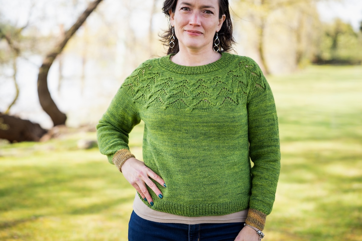 Hand knit lace yoke sweater in hand dyed yarn