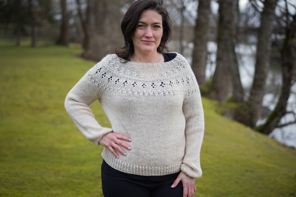 Knit sweater in neutral hand dyed yarn