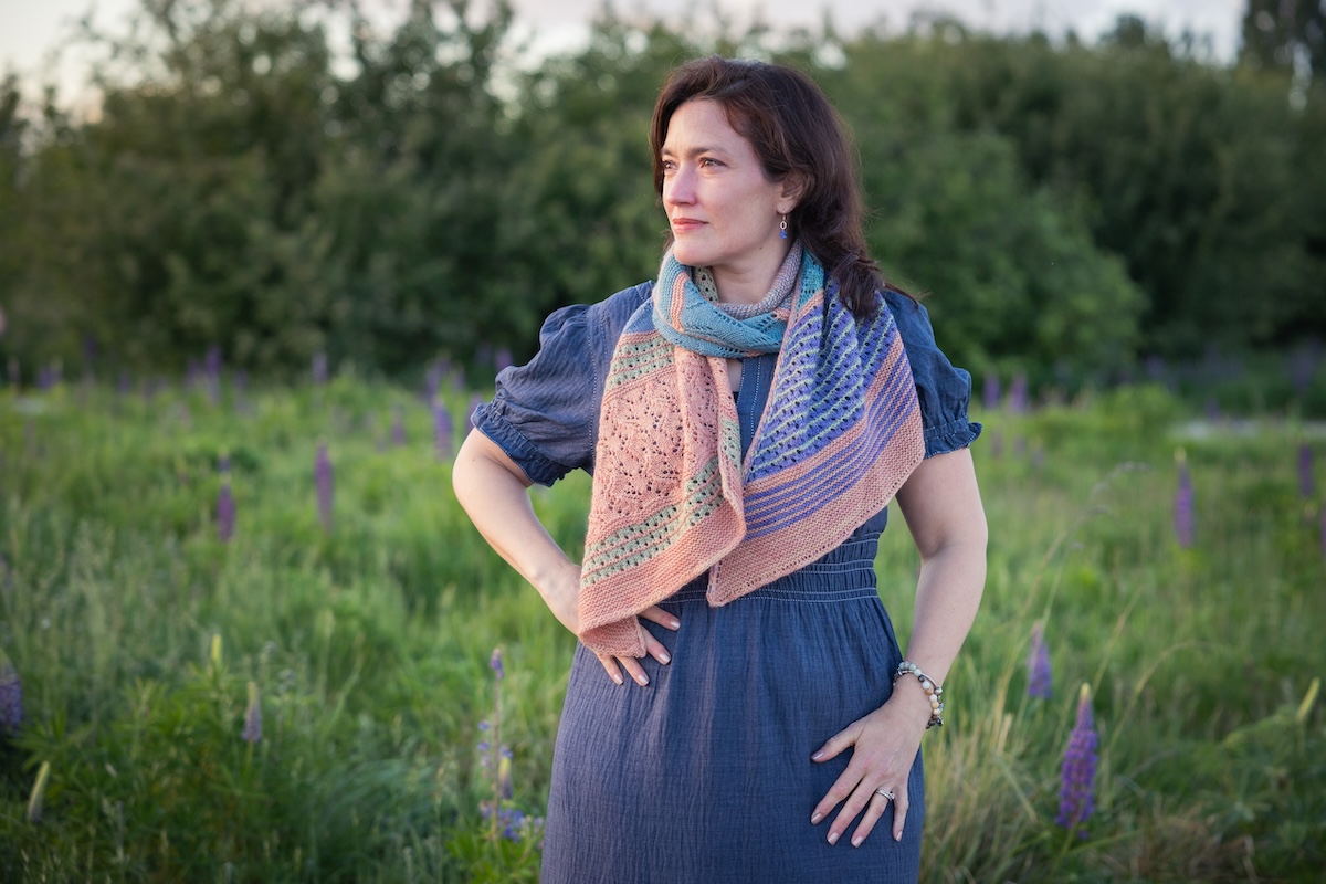 knit shawl with garter ridges and lace sections