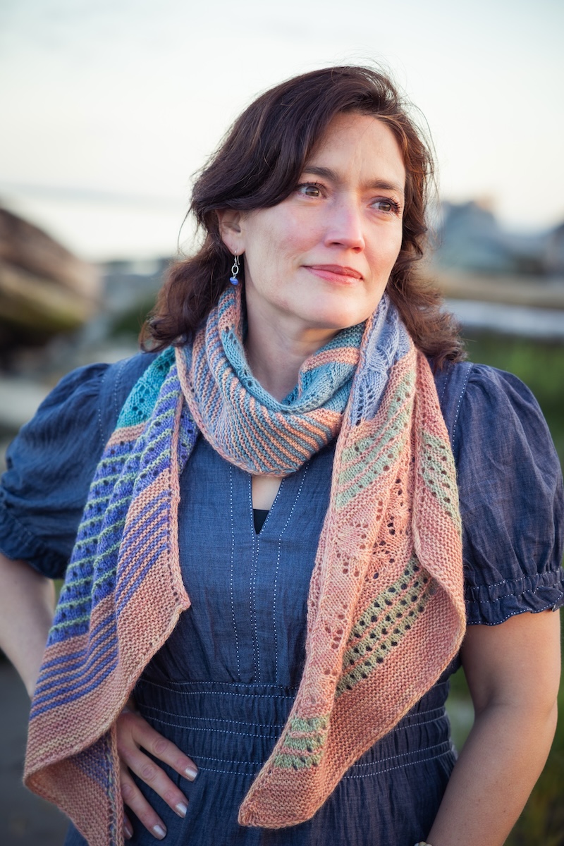 knit shawl with garter ridges and lace sections