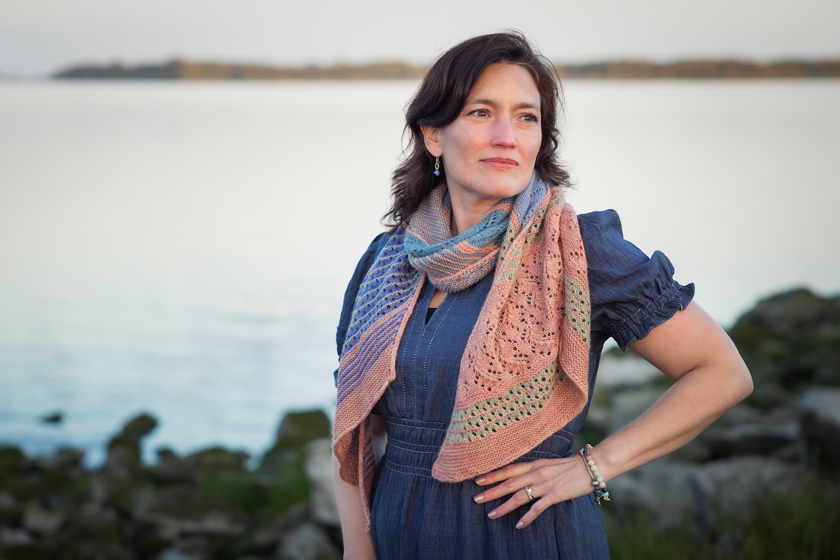 knit shawl with garter ridges and lace sections