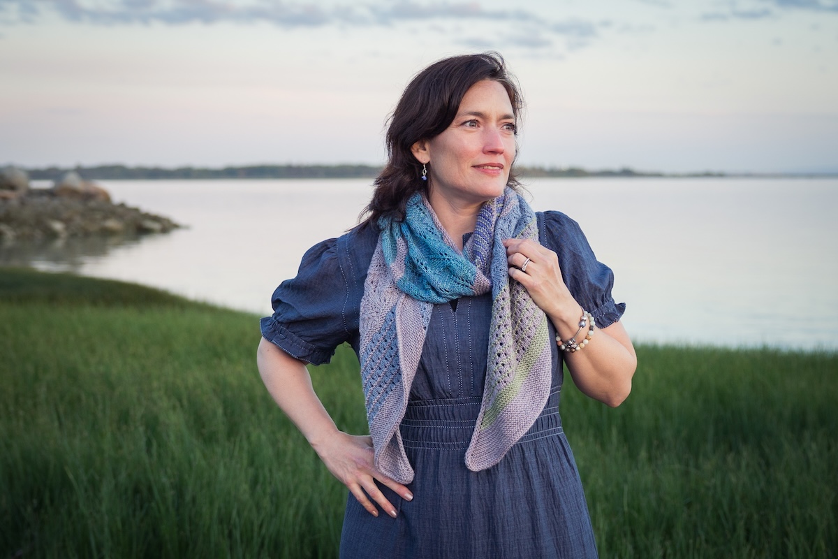 knit shawl with garter ridges and lace sections