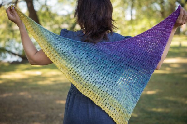 knit shawl in gradient hand-dyed sock blank yarn