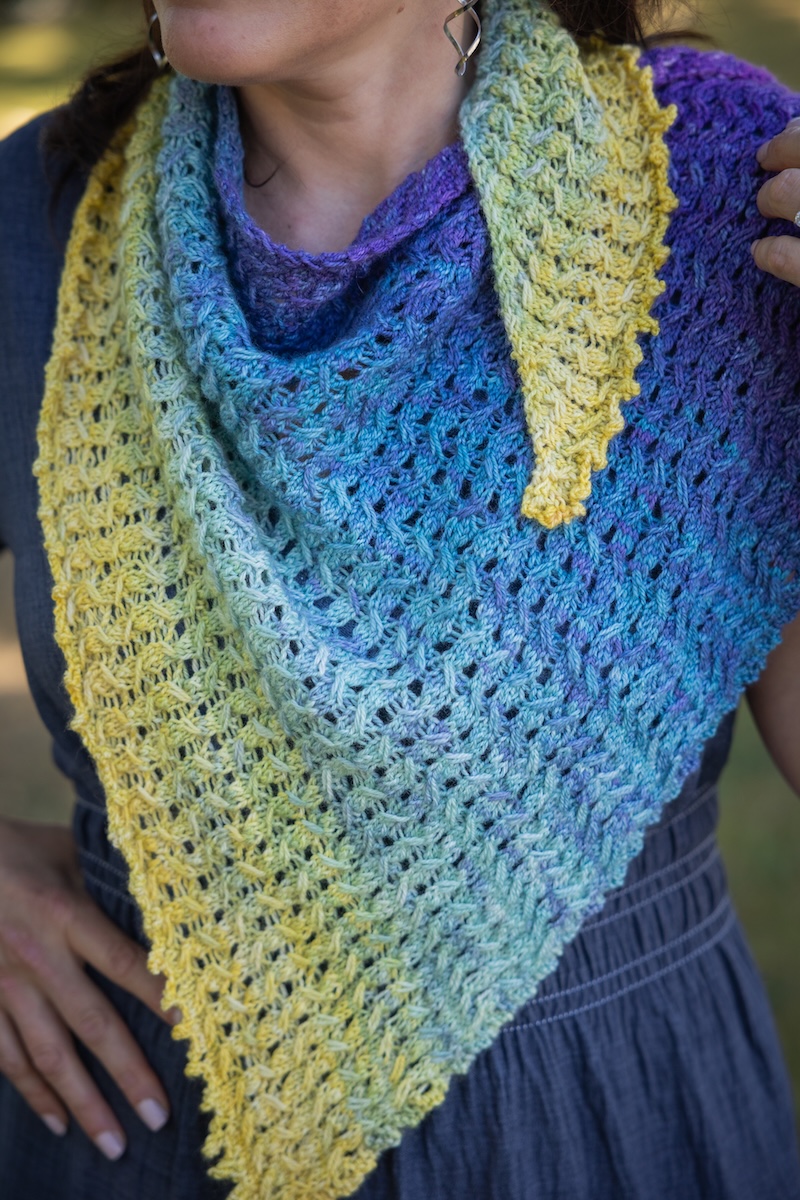 knit shawl in gradient hand-dyed sock blank yarn