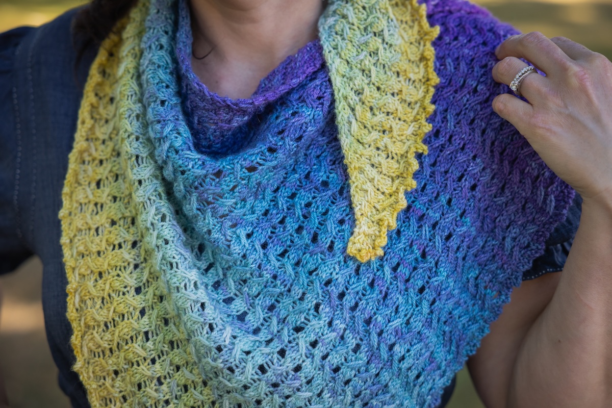 knit shawl in gradient hand-dyed sock blank yarn
