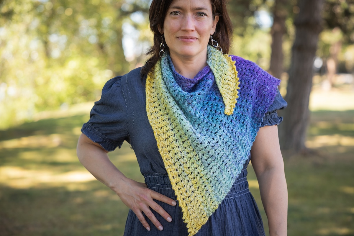 knit shawl in gradient hand-dyed sock blank yarn