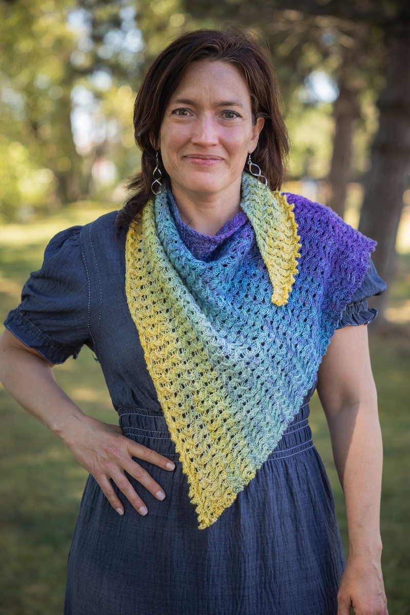 knit shawl in gradient hand-dyed sock blank yarn
