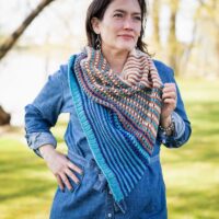 striped machine knit shawl in hand-dyed scrap yarns