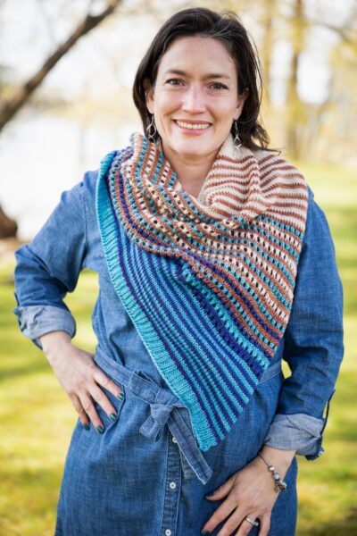 striped machine knit shawl in hand-dyed scrap yarns