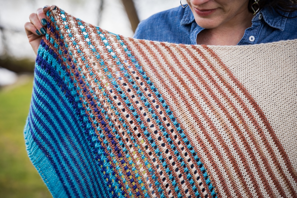 striped machine knit shawl in hand-dyed scrap yarns