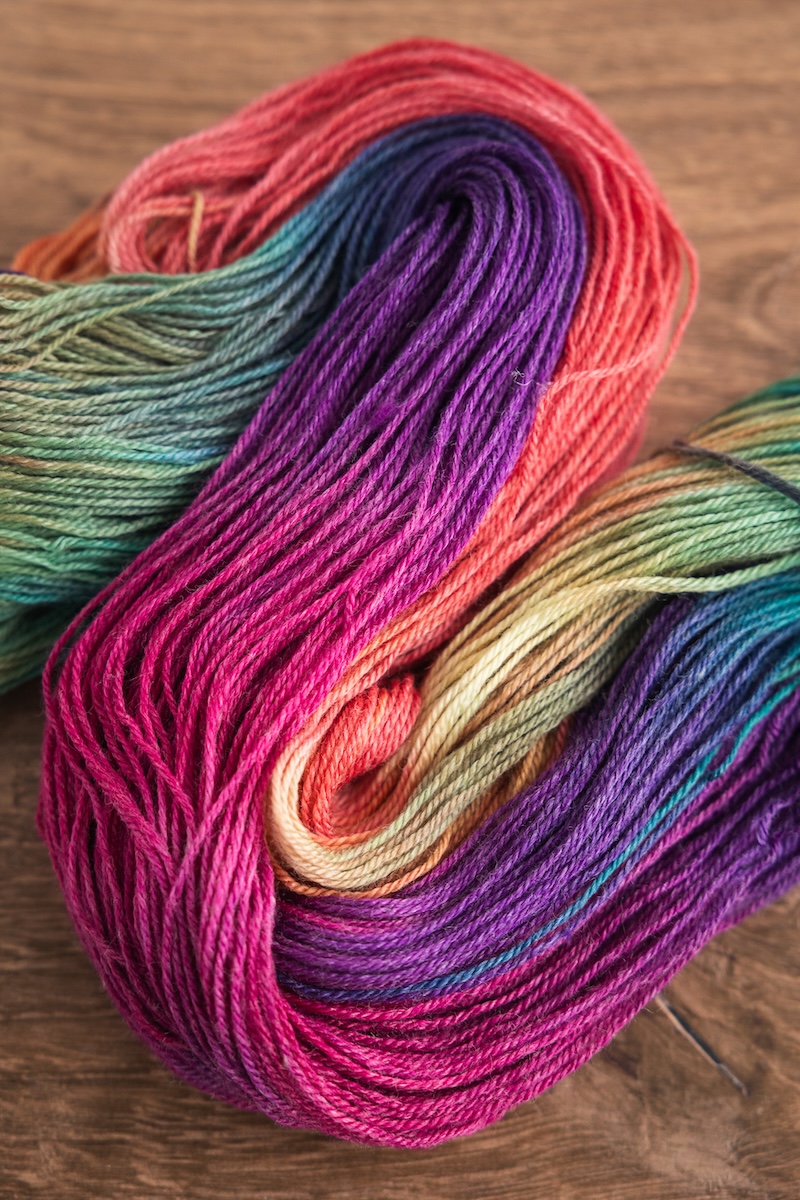 Colourful hand-dyed yarn by SweetGeorgia on a bamboo and wool blend yarn