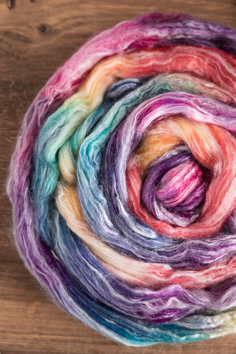 Colourful hand-dyed spinning fibre by SweetGeorgia on a bamboo and wool blend