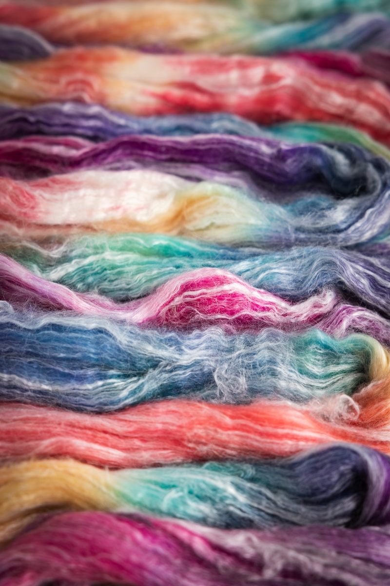 Colourful hand-dyed spinning fibre by SweetGeorgia on a bamboo and wool blend