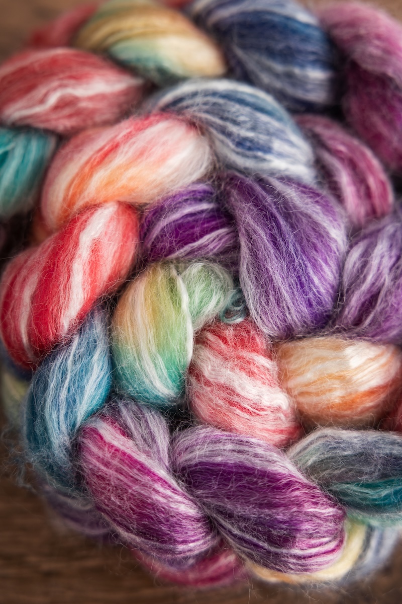 Colourful hand-dyed spinning fibre by SweetGeorgia on a bamboo and wool blend