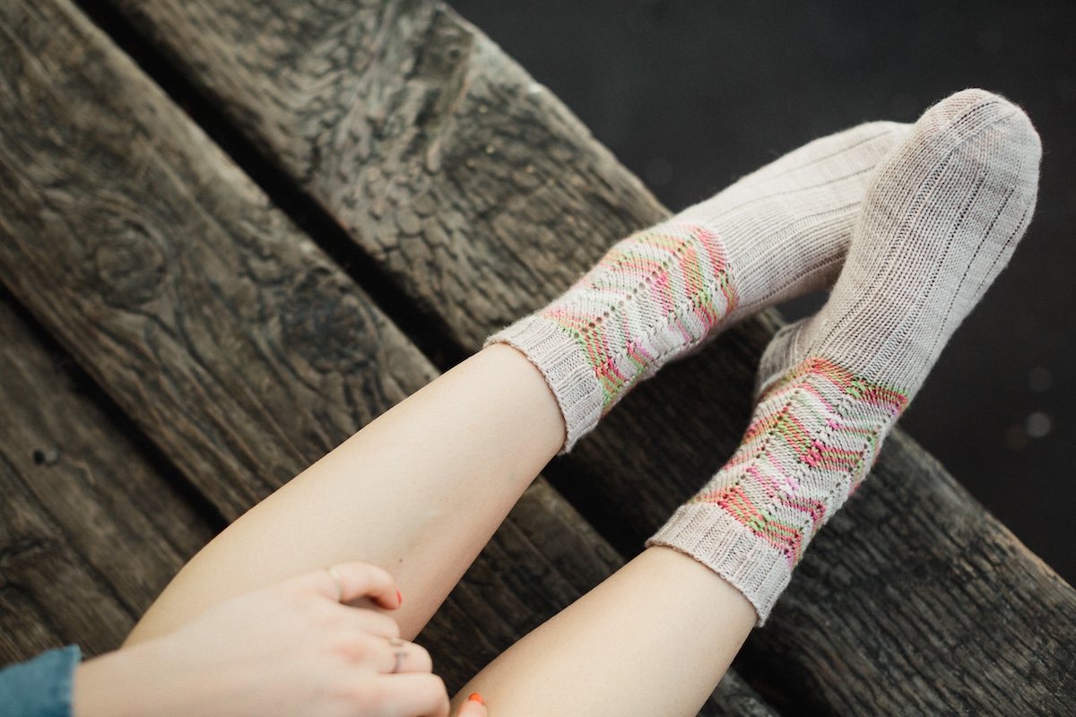 hand knit socks with chevron striped leg
