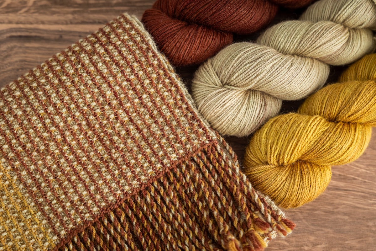 waffle weave scarf and hand dyed yarn skeins